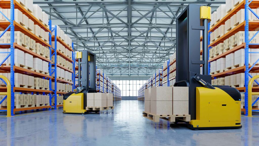 AMRs Autonomous Mobile Robots in a warehouse facility